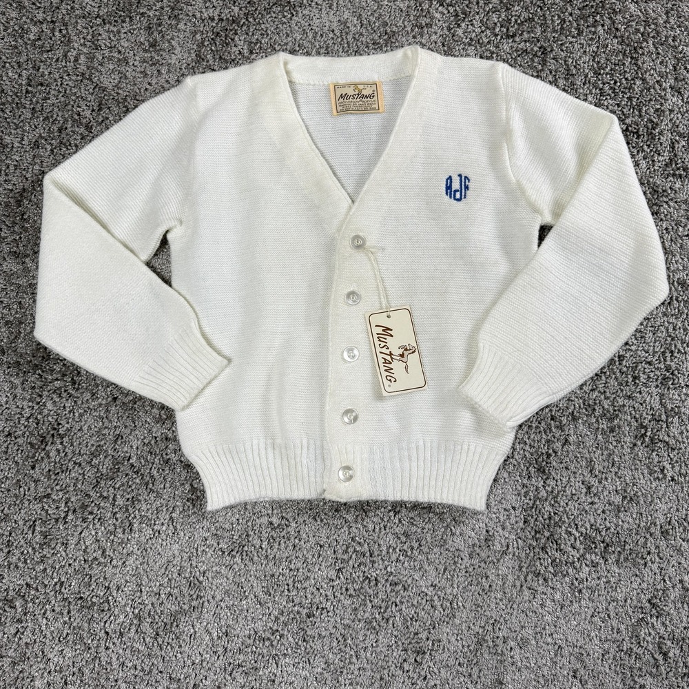 VTG 60s Mustang Boys Cardigan Sweater White Preppy Academia Heritage Monogram